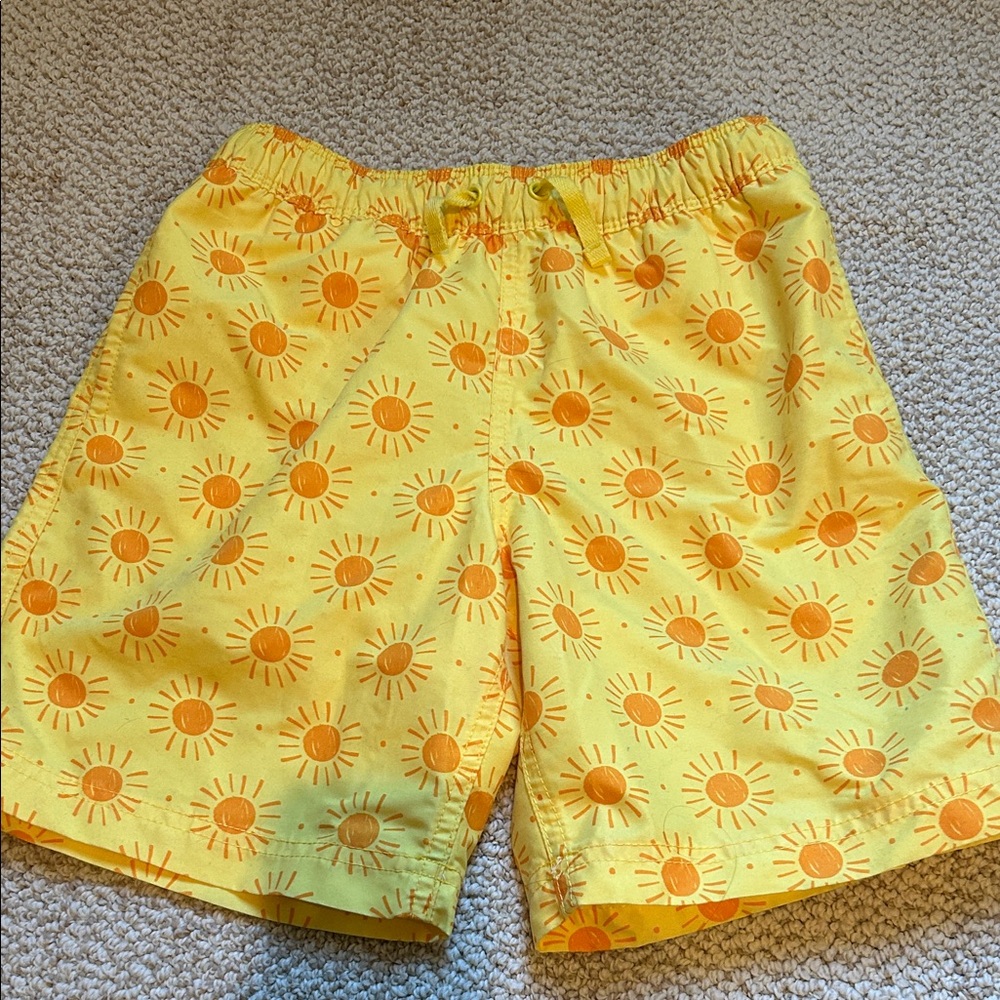 Hanna Andersson Yellow Sun Print & Teal Colorblock Kids Swim Trunks - Picture 2 of 7
